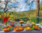 Colorful food spread on outdoor table with mountain view