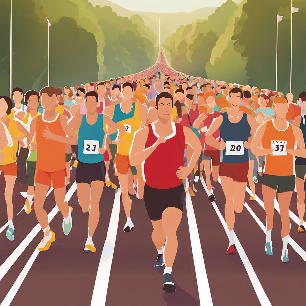 AI illustration of runners moving together in the same direction, symbolizing strategic marketing solutions guiding businesses towards growth and customer connection.